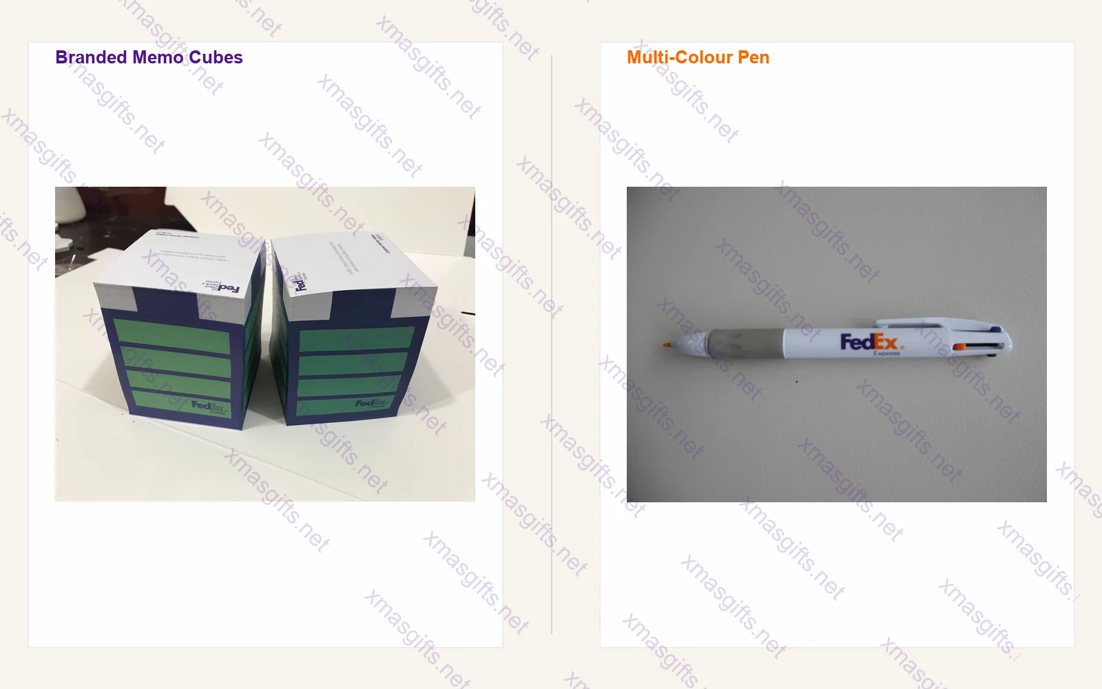 Des blocs-notes à l'effigie de FedEx et un stylo multicolore : de véritables échantillons du programme de 2017.