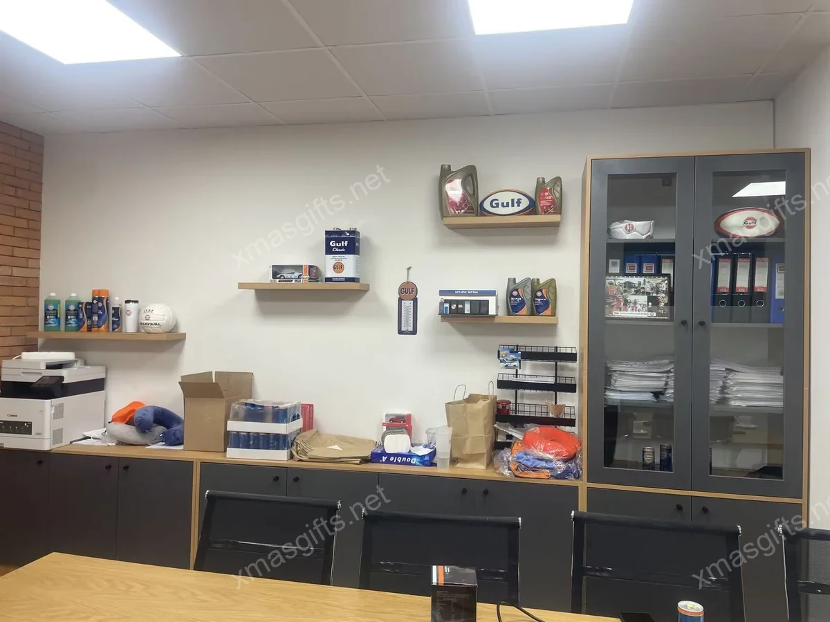 Gulf office interior with branded products and merchandise