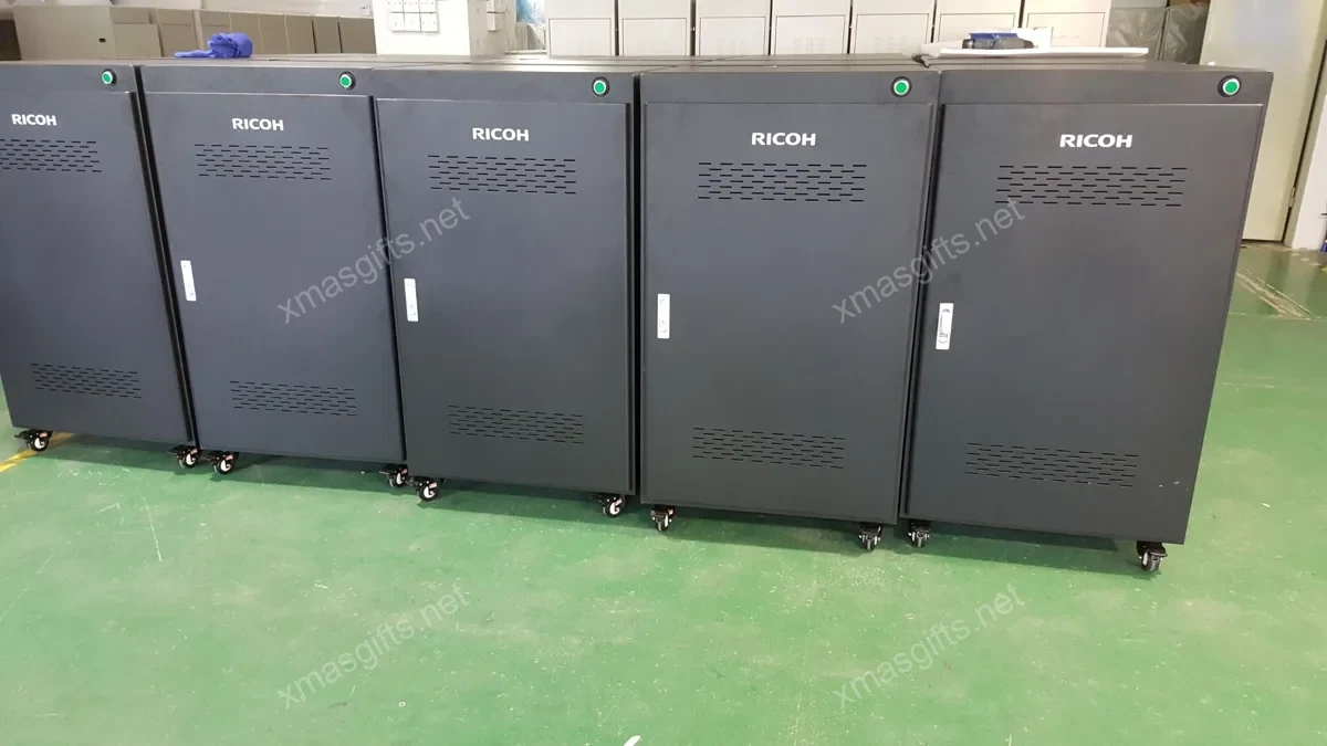 Five charging cabinets in production row