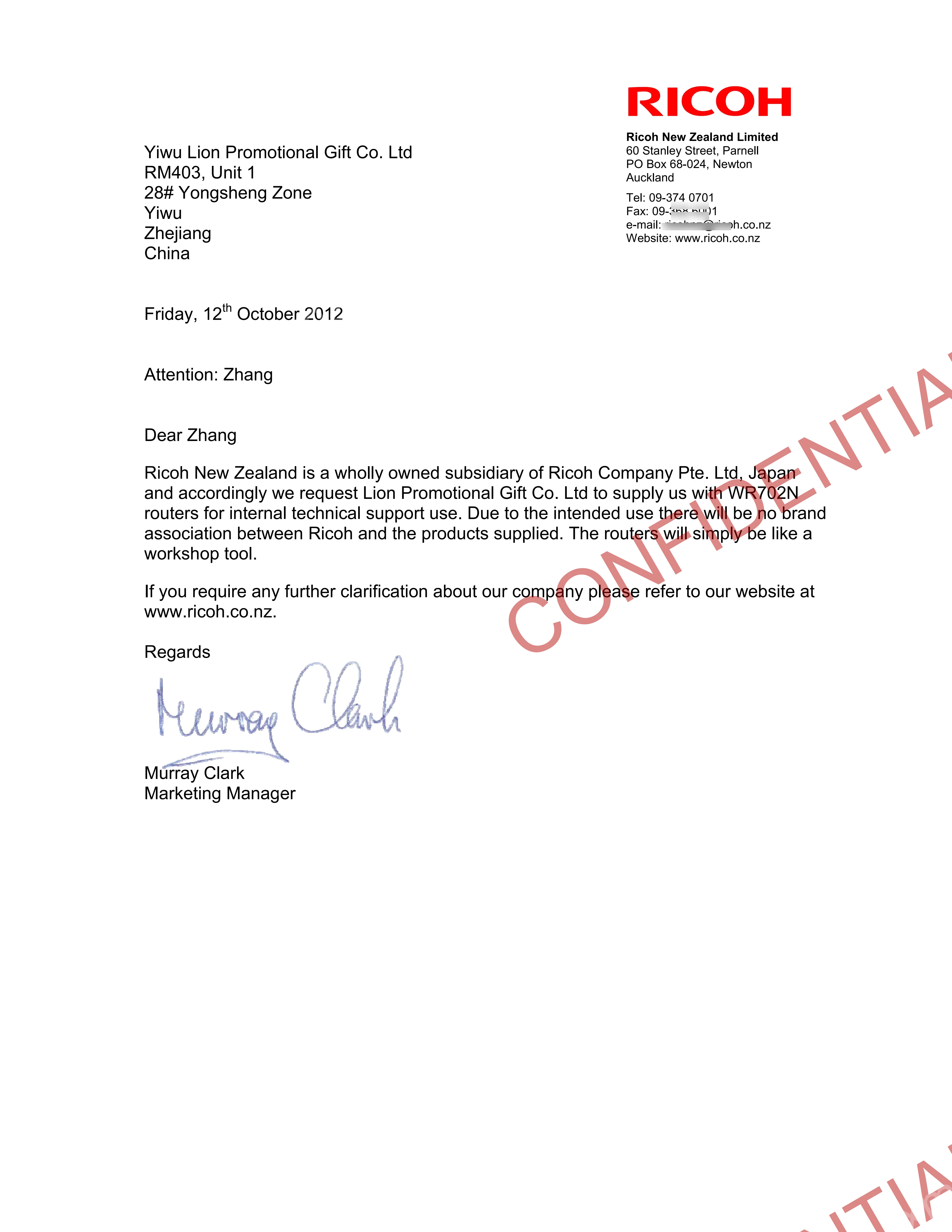 RICOH New Zealand brand authorization letter to Lion Promotional Gift Co Limited (contact details redacted)