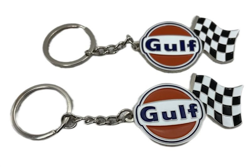 Gulf racing keychain with checkered flag