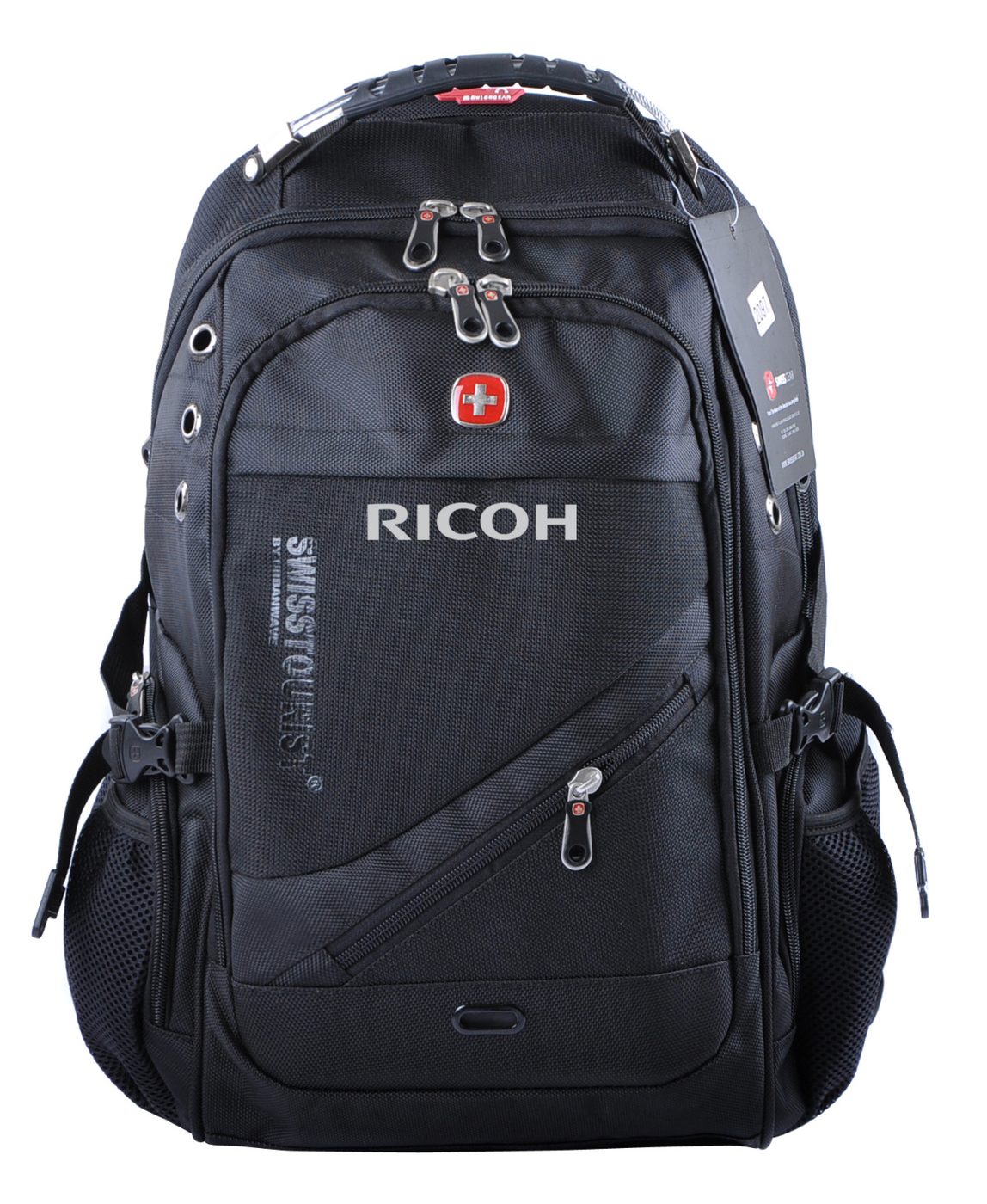 Schwarzer SwissTourist-Rucksack mit RICOH-Logo — echtes Produktmuster aus der Partnerschaft
