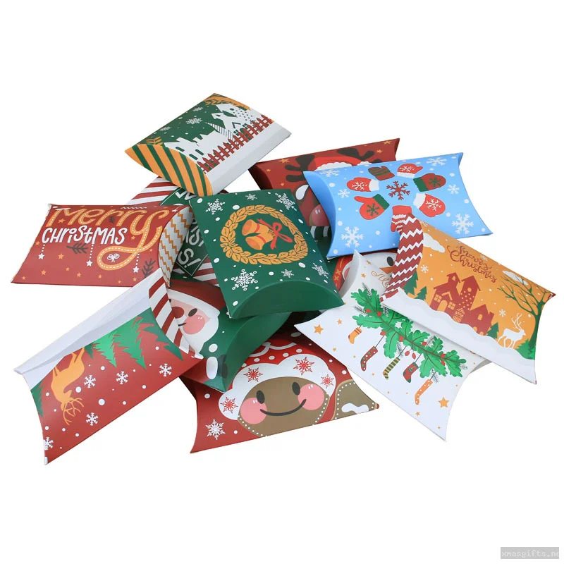 12 Color Stock Christmas Pillow Shaped Candy Boxes, Holiday Wedding Favor Sweet Paper Packaging Box