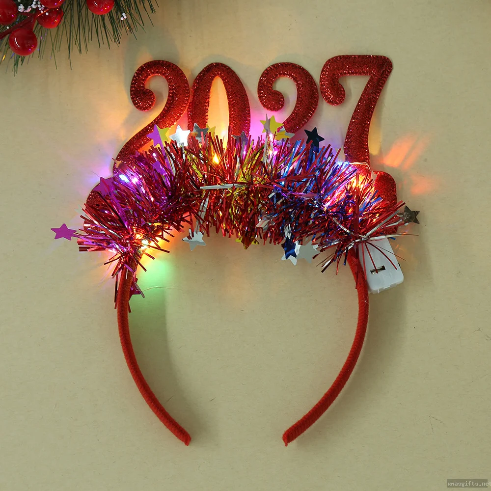 2027 Glitter LED Tinsel Headband, New Year Christmas Eve Party Light Up Hair Accessory Bulk