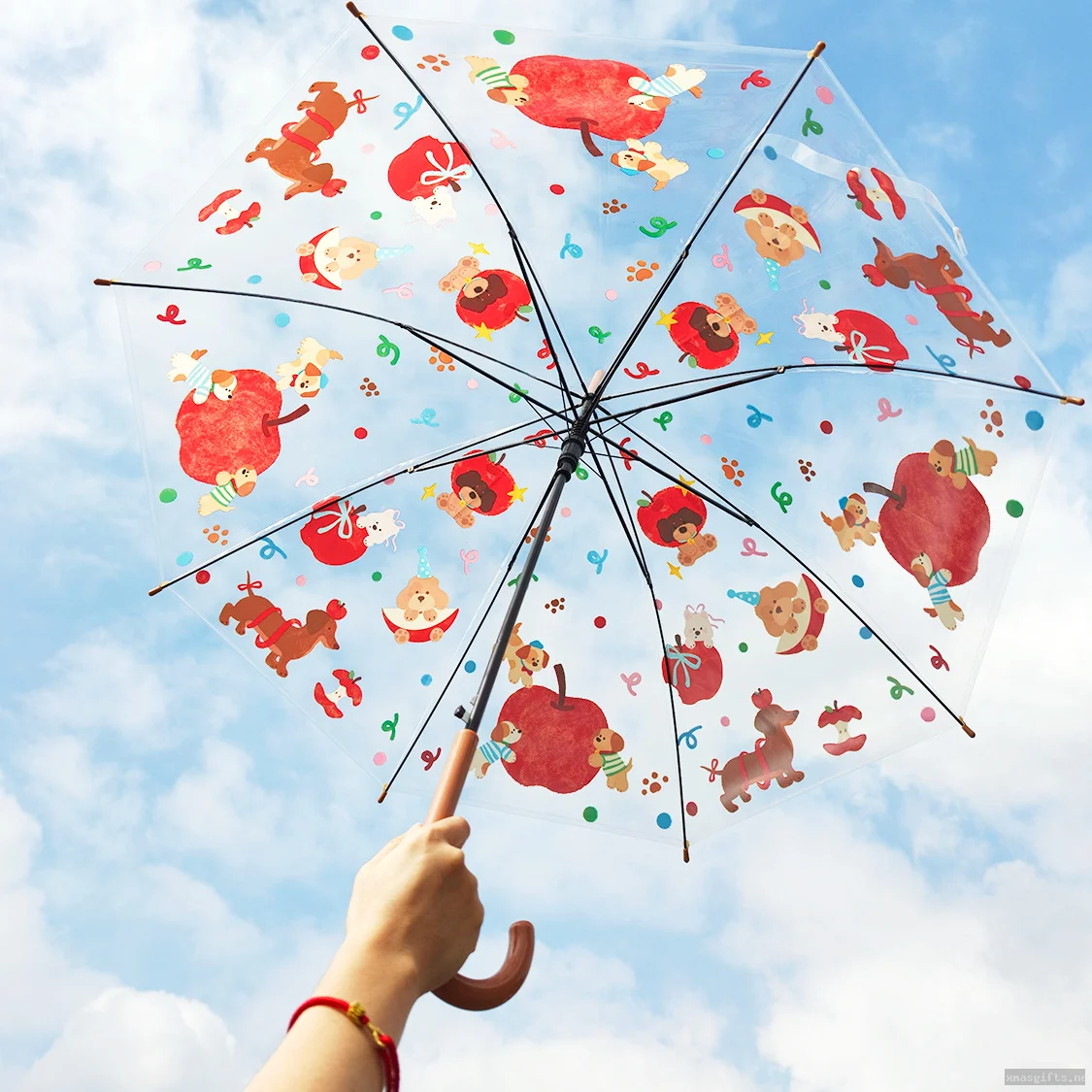 21 Inch Christmas Dog Printed Automatic Clear Straight Umbrella, Transparent Stick Rain Umbrella Bulk Wholesale