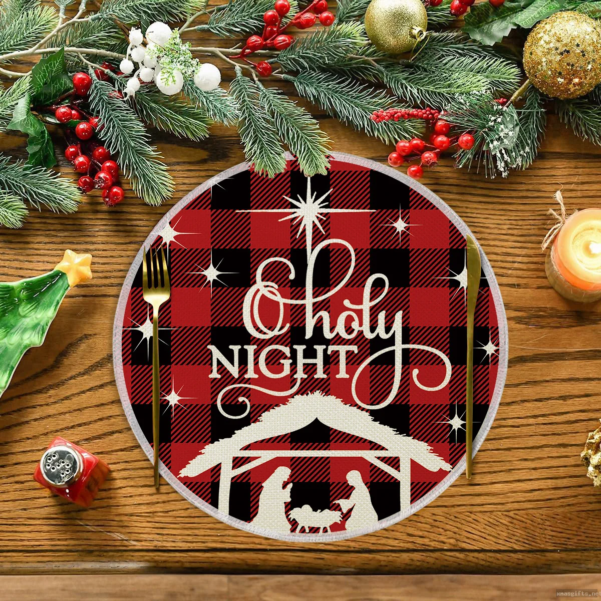 35.5cm Round Linen Christmas Placemat, Stain Resistant Heat Insulation Western Table Mat Wholesale