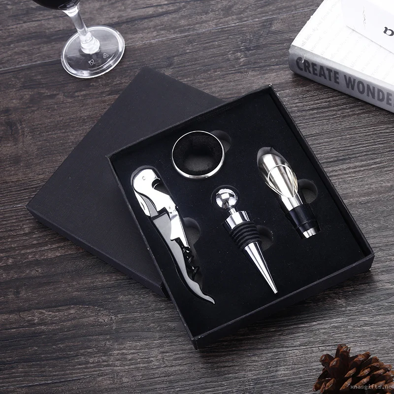 4 in 1 Stainless Steel Wine Tool Gift Set with Paper Box, Custom Logo Wedding Favor & Business Grand Opening Promotional Gift