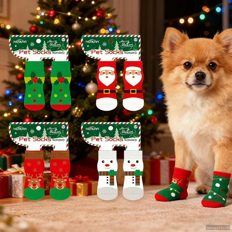 4 Pcs Christmas Anti‑slip Anti‑fall Dog Socks Cute Pet Paw Sock‑set Wholesale