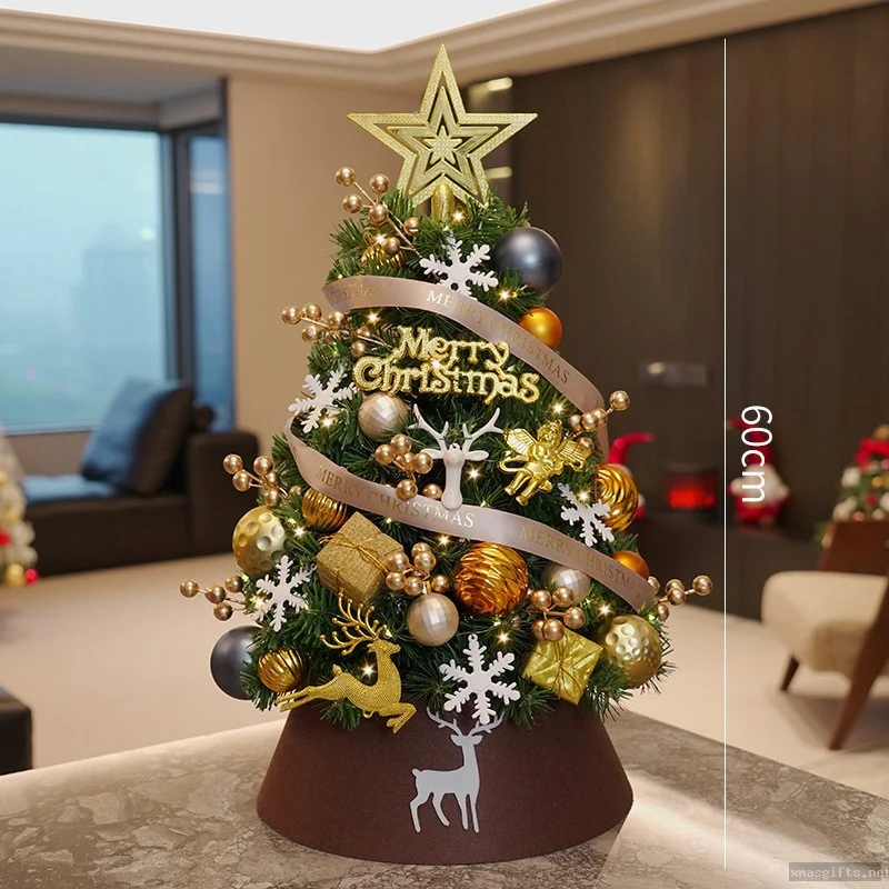Ensemble de mini sapin de Noël de 45 à 60 cm sur le thème or, sapin de Noël de bureau pré-décoré avec des lumières et des décorations