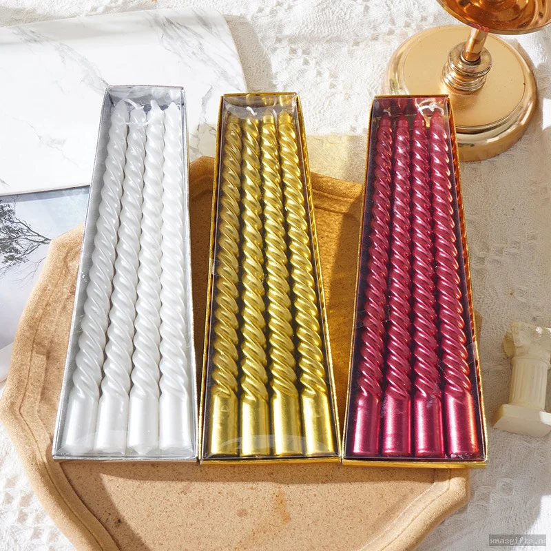 4pcs/Box Spiral Thread Dipped Paint Taper Candles, Xmas Wedding Home Decor Long Stick Candles