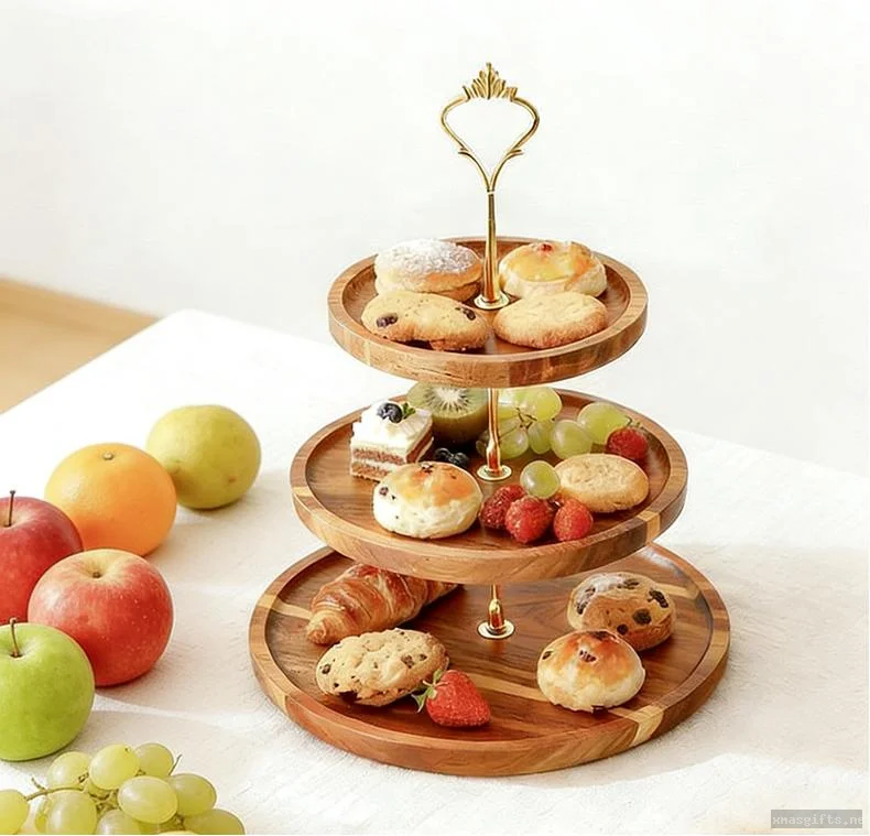 Acacia Wood Fruit Tray Solid‑wood  Dessert Stand Household Snack‑serving Plate Wholesale