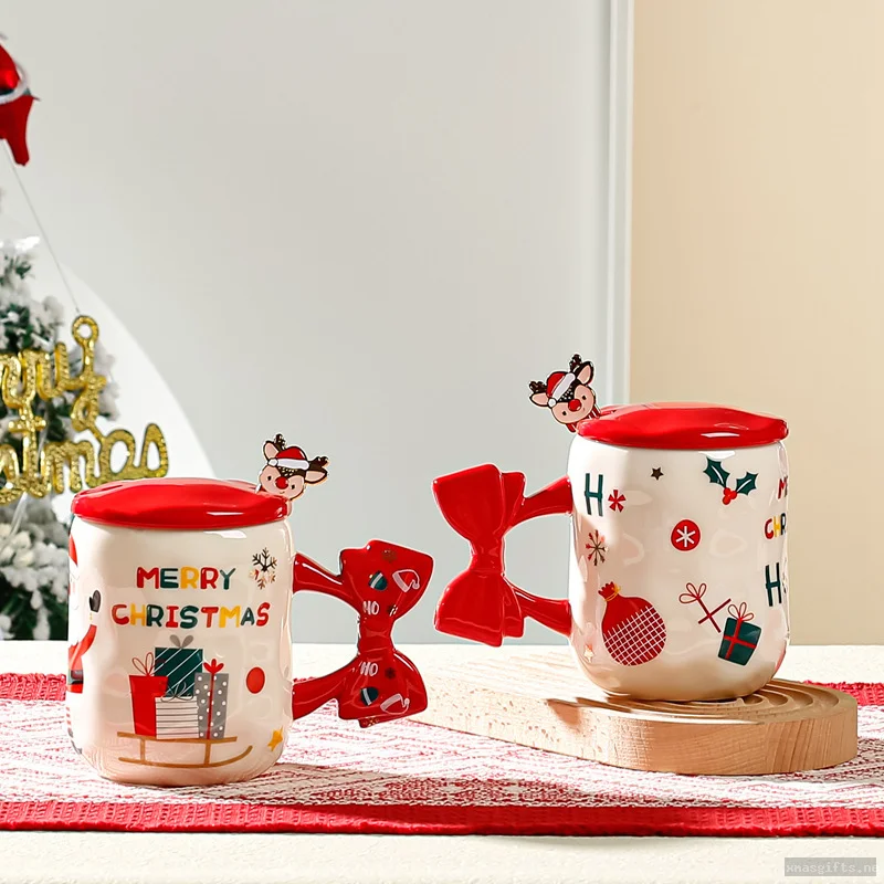 Bow Handle Christmas Ceramic Mug With Red Lid & Reindeer Spoon | Custom Wholesale Gift