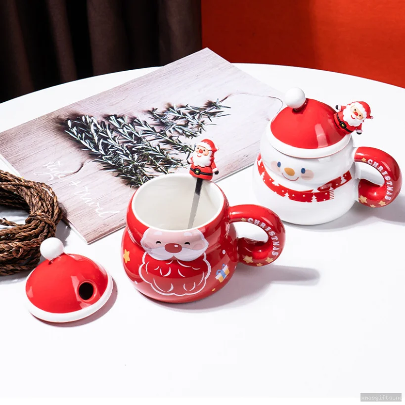 Cartoon Santa & Snowman Christmas Ceramic Mug Set With Santa Lid & Decor Spoon | Custom Wholesale Gift Cup