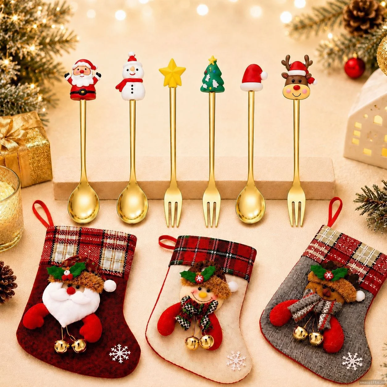 Christmas Cartoon Stainless Steel Spoon Fork 15cm 6pcs Set, Snowman Stocking Cutlery Gift Bag Xmas Table Decor Wholesale
