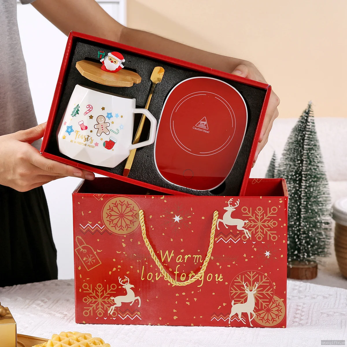 Set de cadeau de Noël : tasse en céramique avec sous-tasse à température constante, couvercle et cuillère – boîte cadeau pour les fêtes de fin d’année