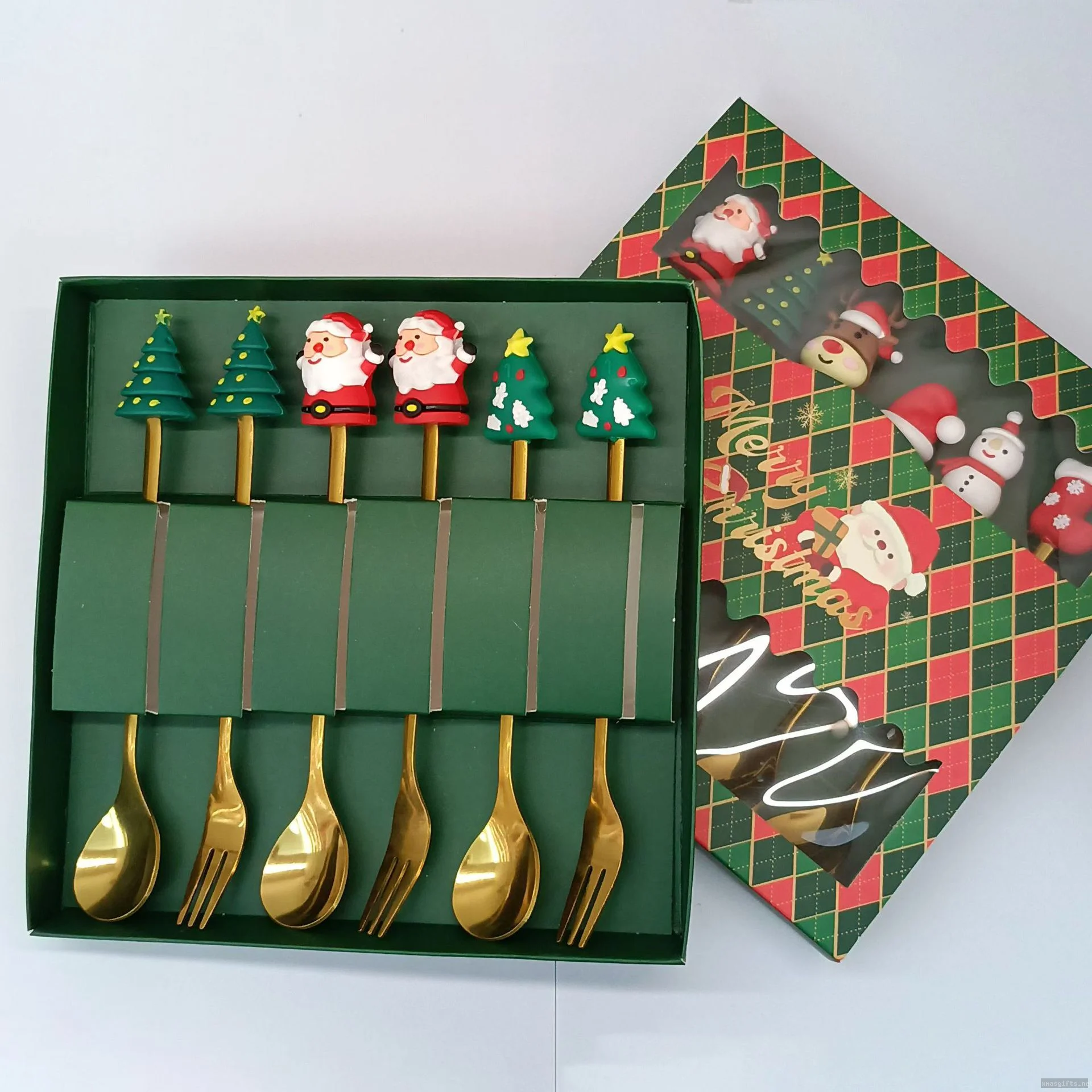 Christmas Custom Stainless Steel Spoon & Fork 6pcs Gift Set, Santa Tree Topper Cutlery Boxed Holiday Gift Wholesale