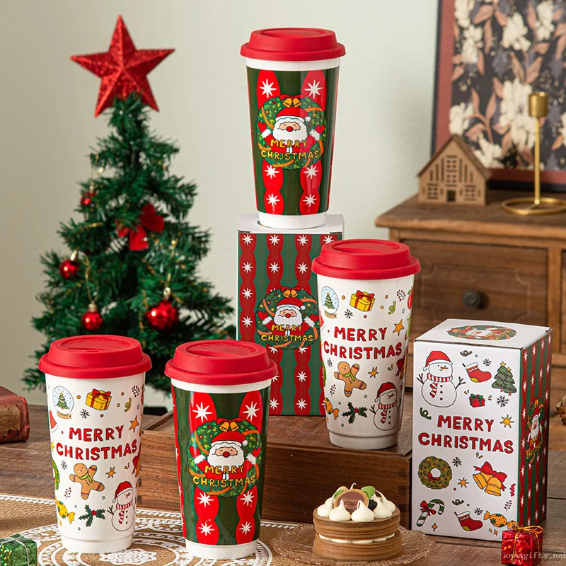 Christmas Gift Ceramic Coffee Mug With Lid | Portable Holiday Souvenir Cup Custom Wholesale