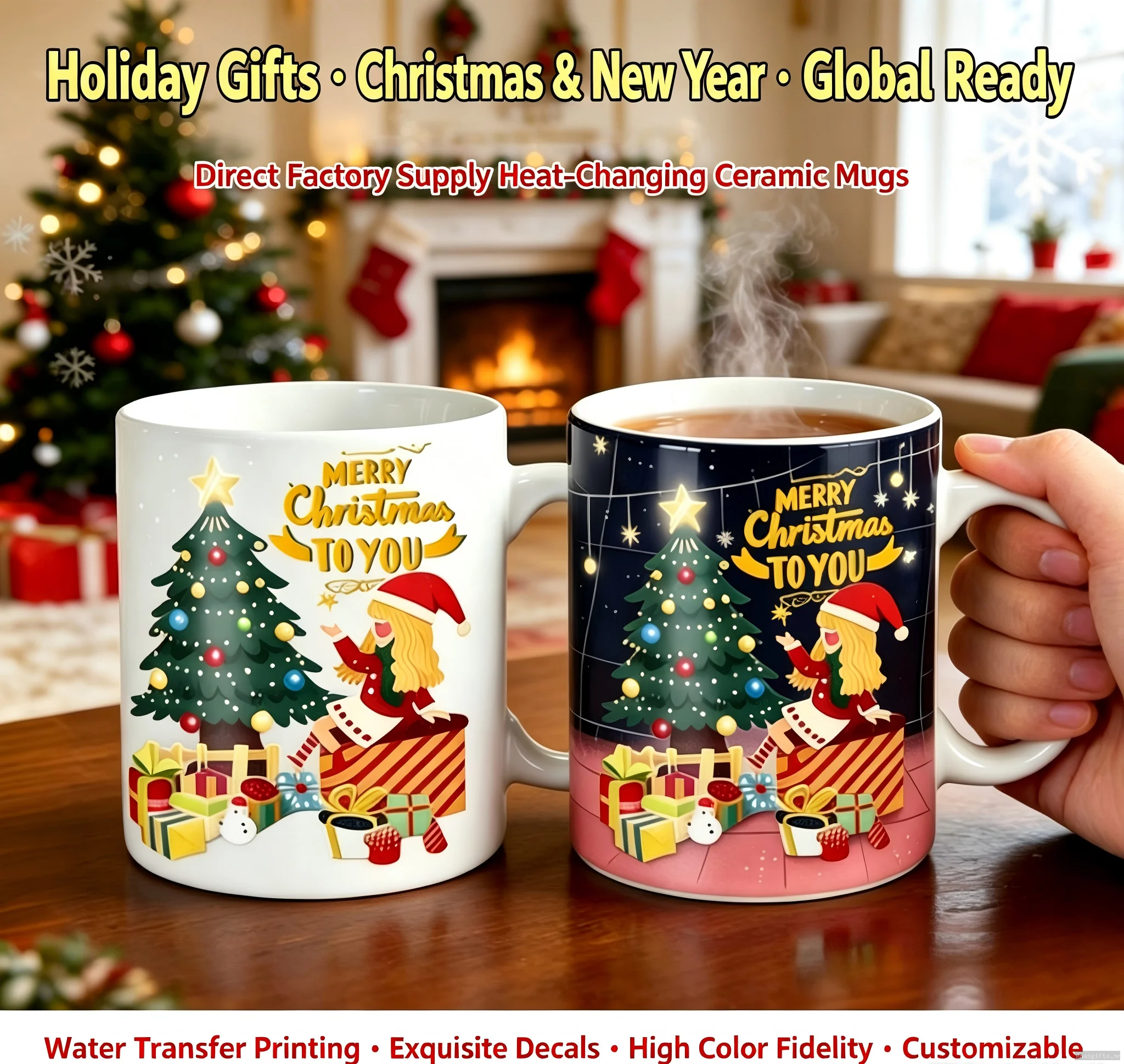 Christmas Heat Sensitive Color Changing Ceramic Mug, Merry Christmas Tree Magic Cup Custom Holiday Gift