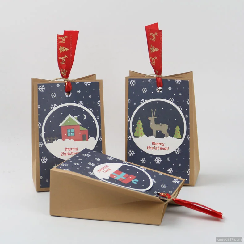 Christmas Kraft Paper Gift Bags, Self-Standing Flat Bottom Party Bag 3pcs/bag