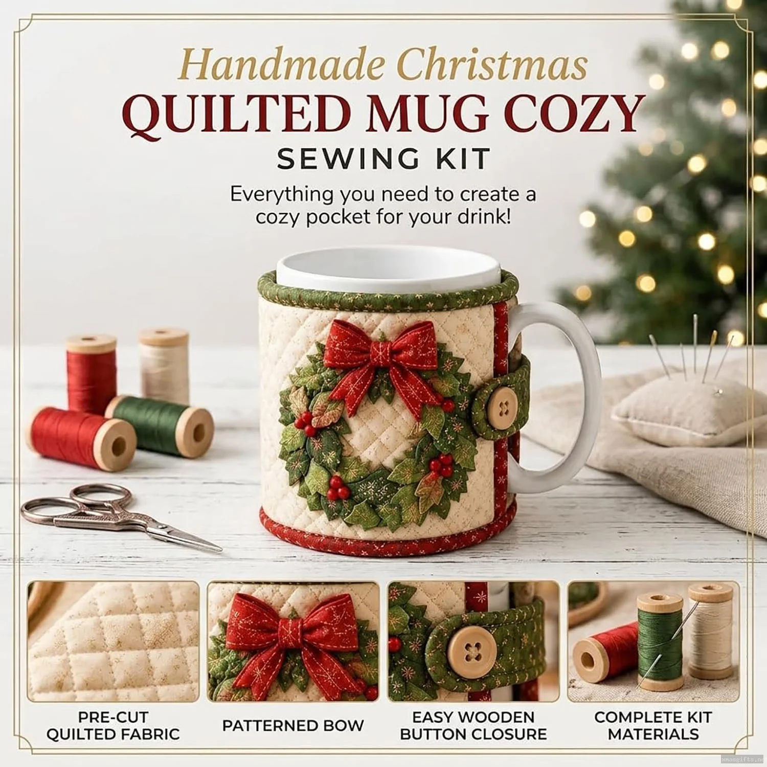 Christmas Mug Cozy Sewing Kit, Quilted Christmas Cup Sleeve DIY Craft for Holiday Decor