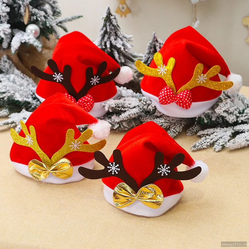 Cute Reindeer Ornament Embellished Santa Claus Hat Festive Holiday Cosplay