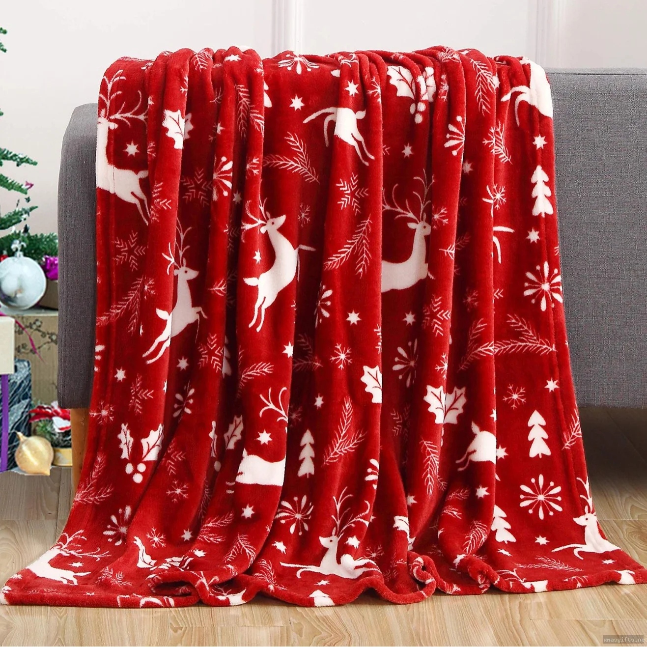 Rotes Rentier-Weihnachtsflanellplaid – warme Feriendecke, ein perfektes Weihnachtsgeschenk für die Familie