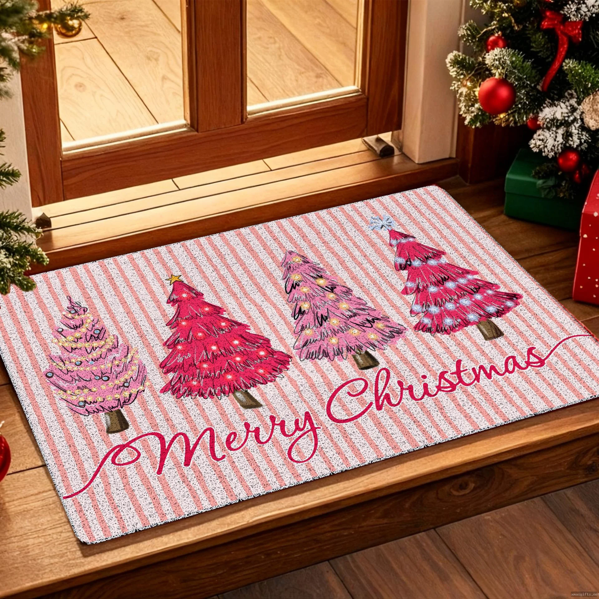 Large Full Print Christmas Tree Scene Floor Rug Water Absorbent Easy Clean Decor Mat Indoor Bedroom Use