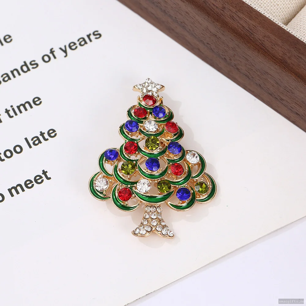 Wholesale Crystal Rhinestone Christmas Tree Brooch Festive Holiday Metal Pins