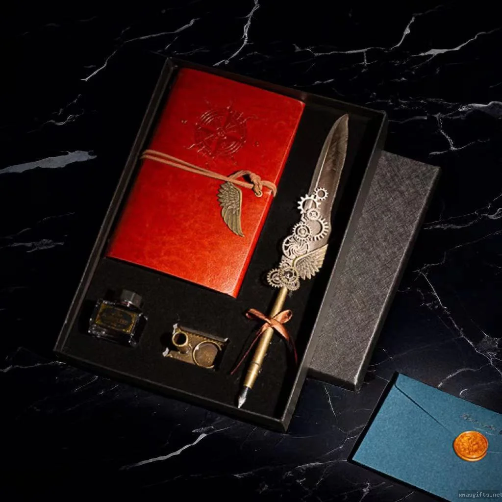 Weihnachts-Vintage-Federkiel-Stift & Notizbuch – exquisites Geschenkbox-Set mit retro-freundlicher Schreibware; ideal als Geschäftsgeschenk oder Weihnachtsandenken für Kunden und Mitarbeiter.