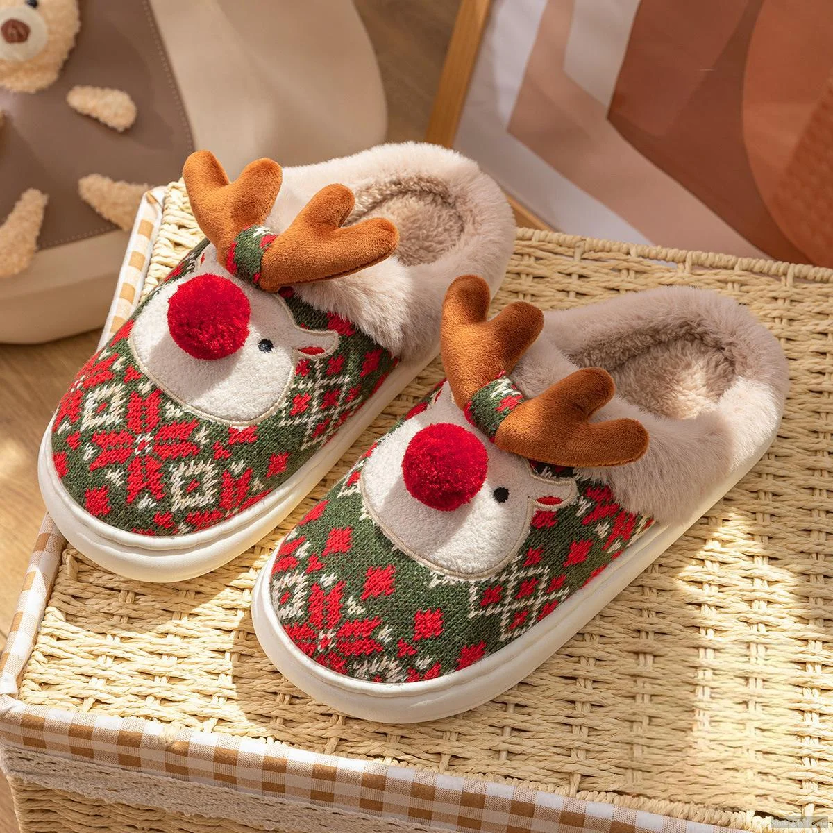 Fuzzy Christmas Plush Slippers Soft Warm Non Slip Indoor Holiday Footwear