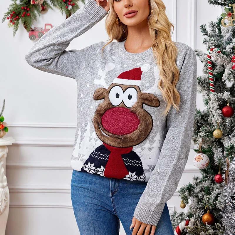 Vintage Reindeer Print Knit Sweater Festive Xmas Long Sleeve Jumper Holiday Gift For Adults