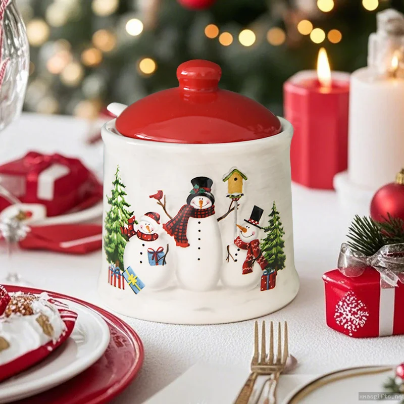 Snowman Christmas Ceramic Spice Jar Festive Xmas Kitchen Seasoning Container