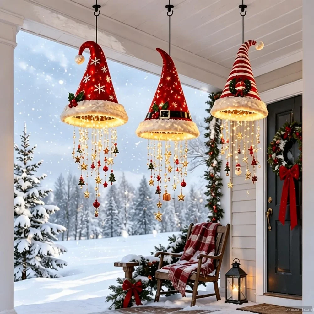 Christmas Santa Hat Hanging Light Star Tassel Pendant Lamp Xmas Party Window Decoration