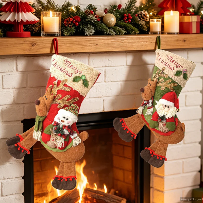 Christmas Stocking Gift Sack, Riding Reindeer Santa Xmas Sock Tree Hanging Ornament