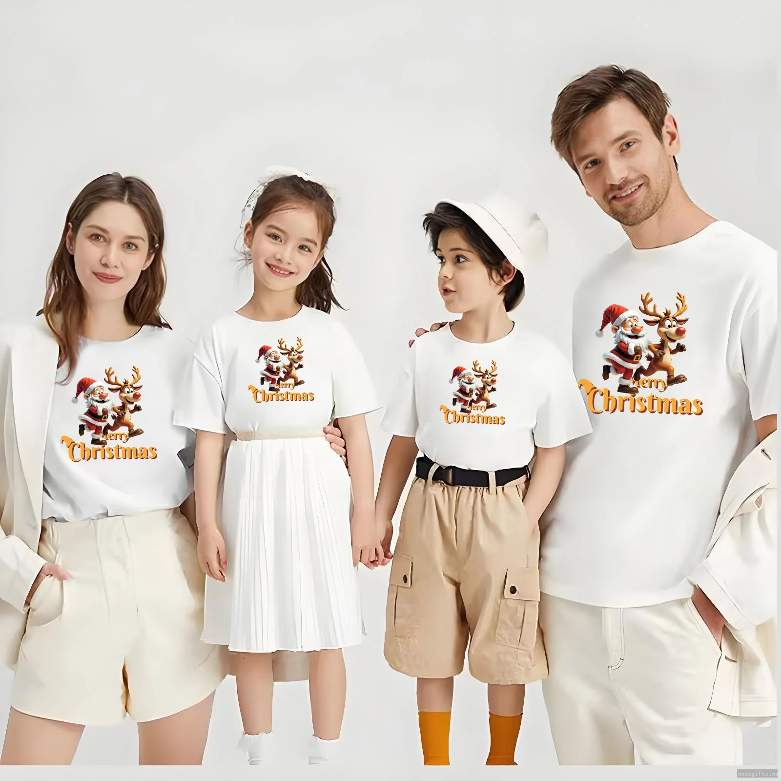 Cotton Family Matching Merry‑Christmas Printed Short‑sleeve Tees, 4‑person Family Party Outfit T Shirts Set
