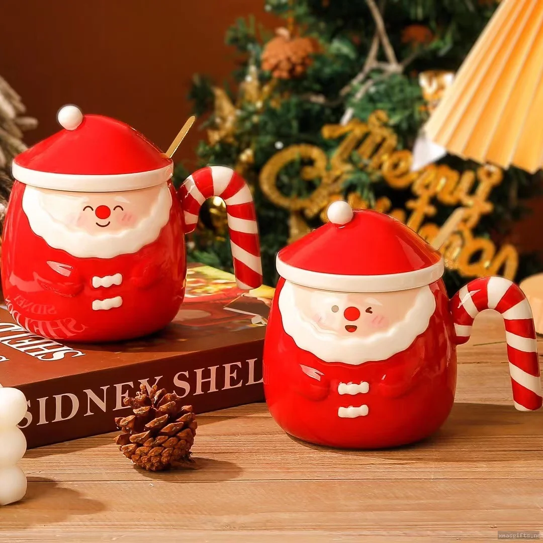 Creative Red Santa Ceramic Coffee Mug With Lid & Spoon | Custom Unique Holiday Gift Cup Wholesale