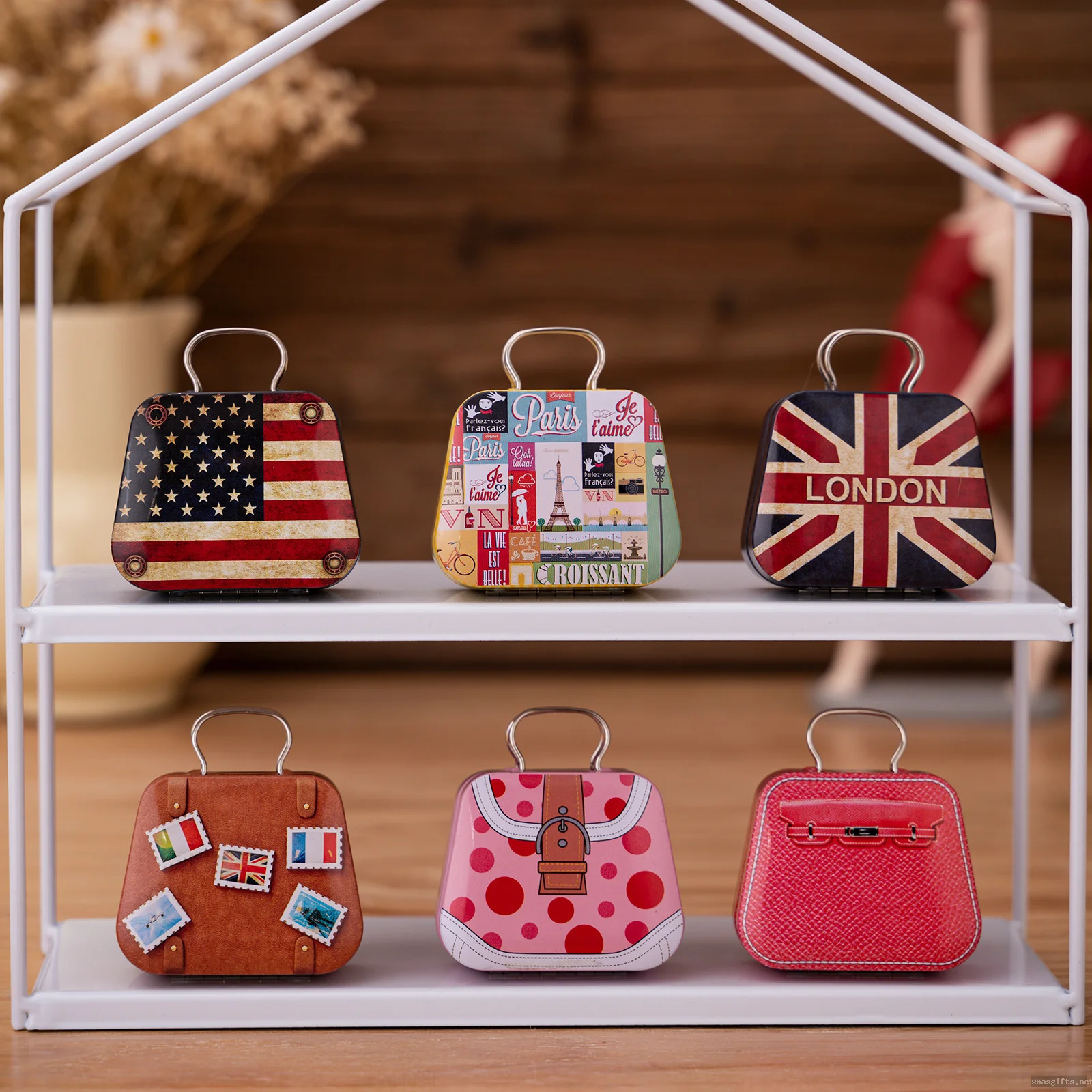Creative Tin Metal Handbag Gift Box, Custom Printing Christmas Canday Storage Decor Tin Purse Wholesale
