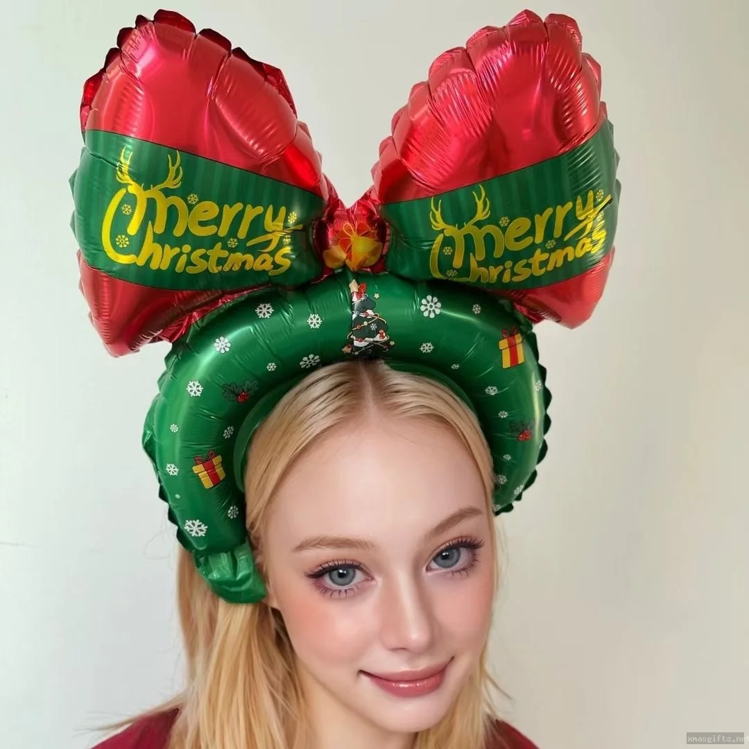 Custom Christmas Bow Foil Balloon Headband, 8" Inflatable Xmas Hair Hoop, Kids Adults Holiday Party Photo Prop