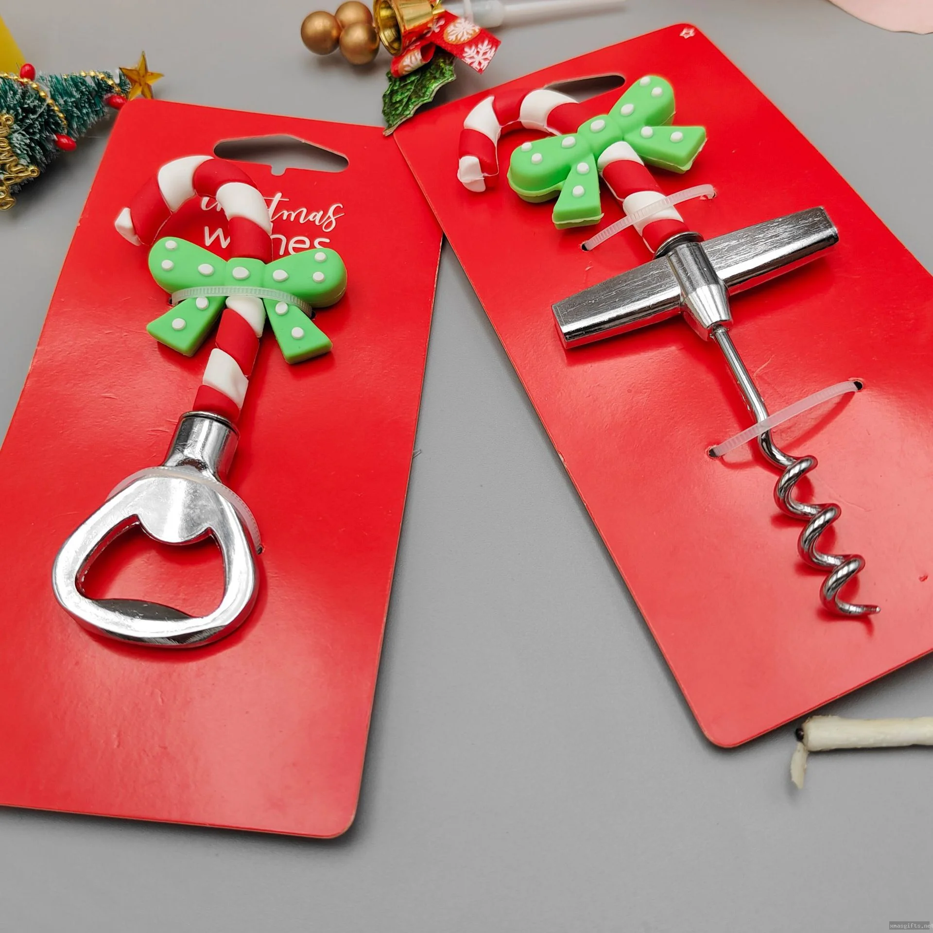 Custom Christmas Candy Cane Bottle Opener & Wine Corkscrew Set, Xmas Dinner Table Decor & Holiday Stocking Stuffer Gift