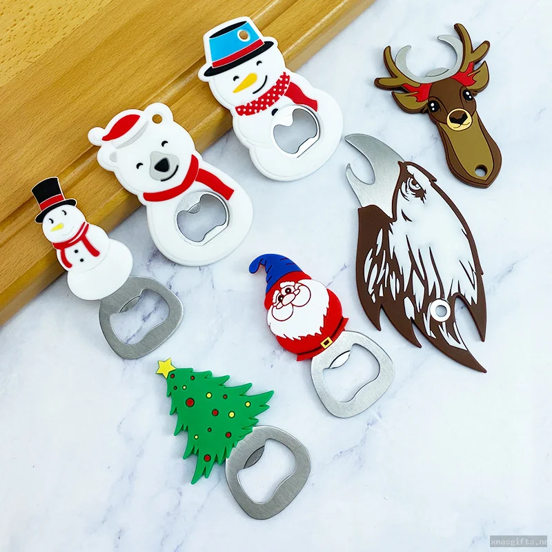 Individuell gestaltete Weihnachtsflaschenöffner aus Edelstahl und Silikon – niedliche cartoonhafte Weihnachtsdekoration für den Tisch sowie kleine Geschenke für Partys oder als Mitbringsel.