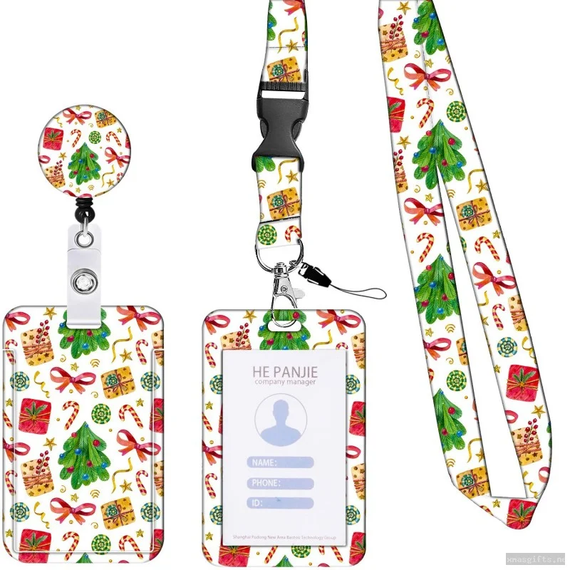 Custom Sublimation Christmas‑Pattern Retractable Badge Reel And Printed Lanyard  Card Holder Kit Bulk Wholesale