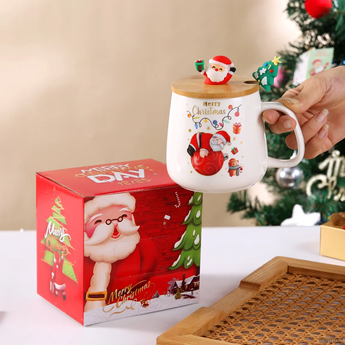 Custom Logo Cartoon Christmas Ceramic Mugs Spoon Set for Corporate Events & Employee Holiday Gifts