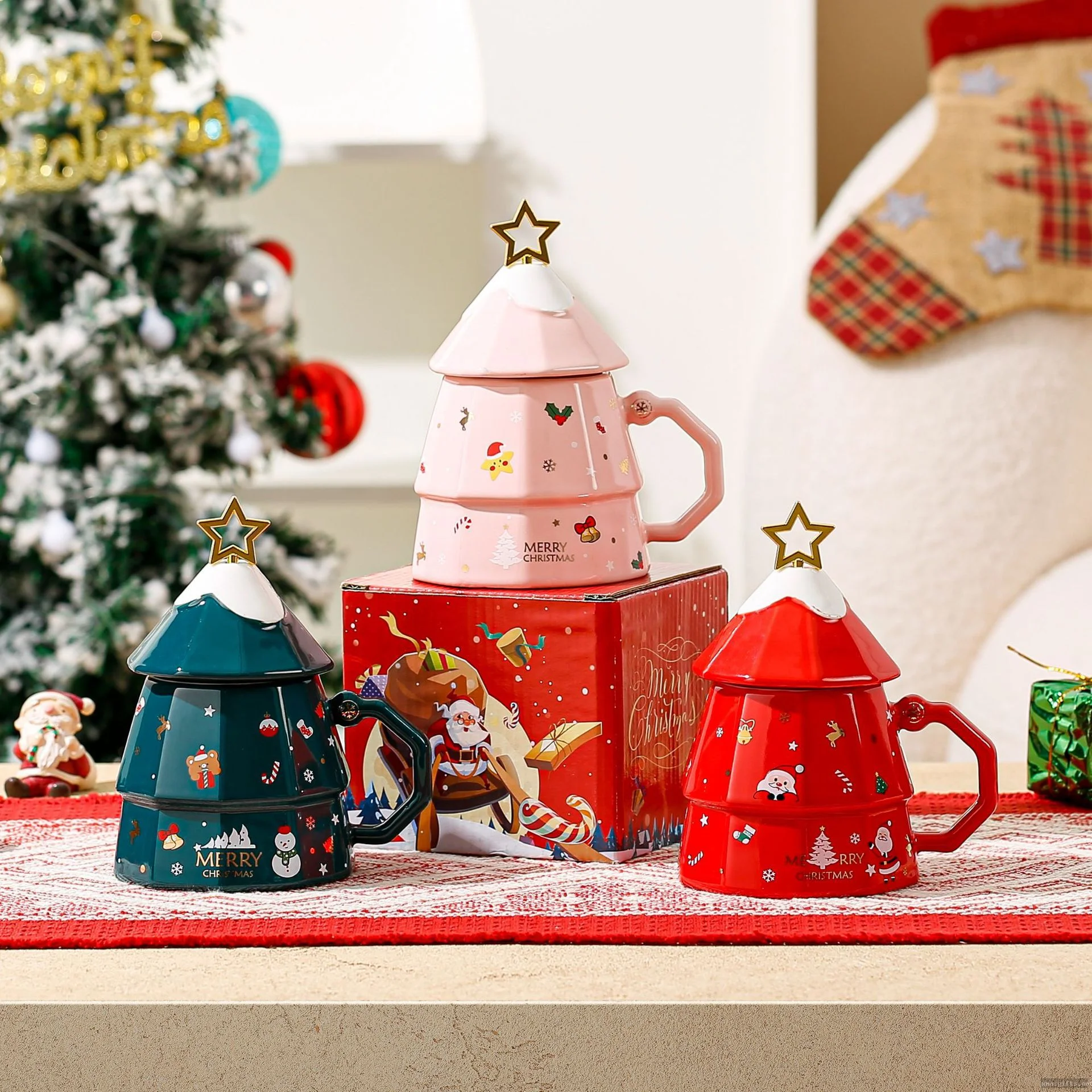 Custom Logo Christmas Tree Shaped Ceramic Mug With Spoon and Lid | Wholesale Cartoon Holiday Corporate Gift Cup