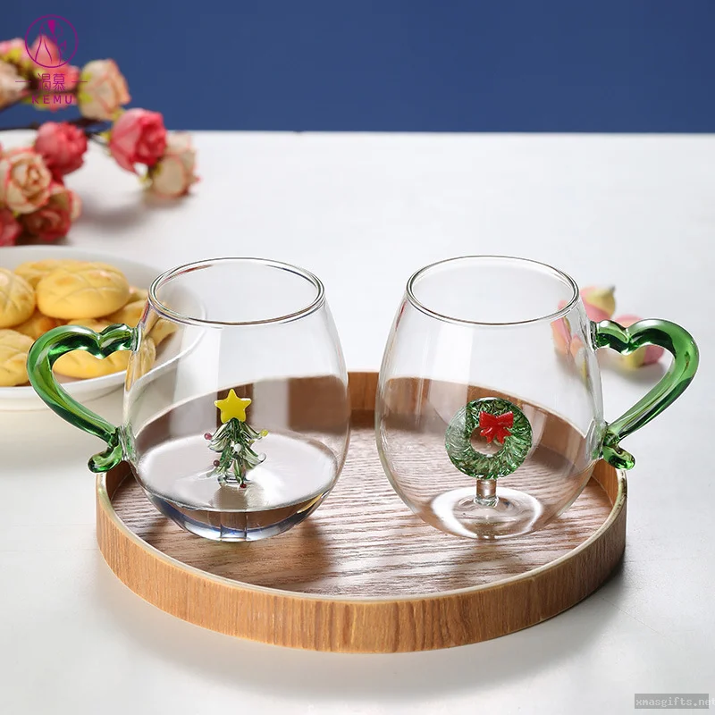 Custom Logo Creative Xmas Gift Inner 3D Christmas Tree & Wreath Borosilicate Glass Mug