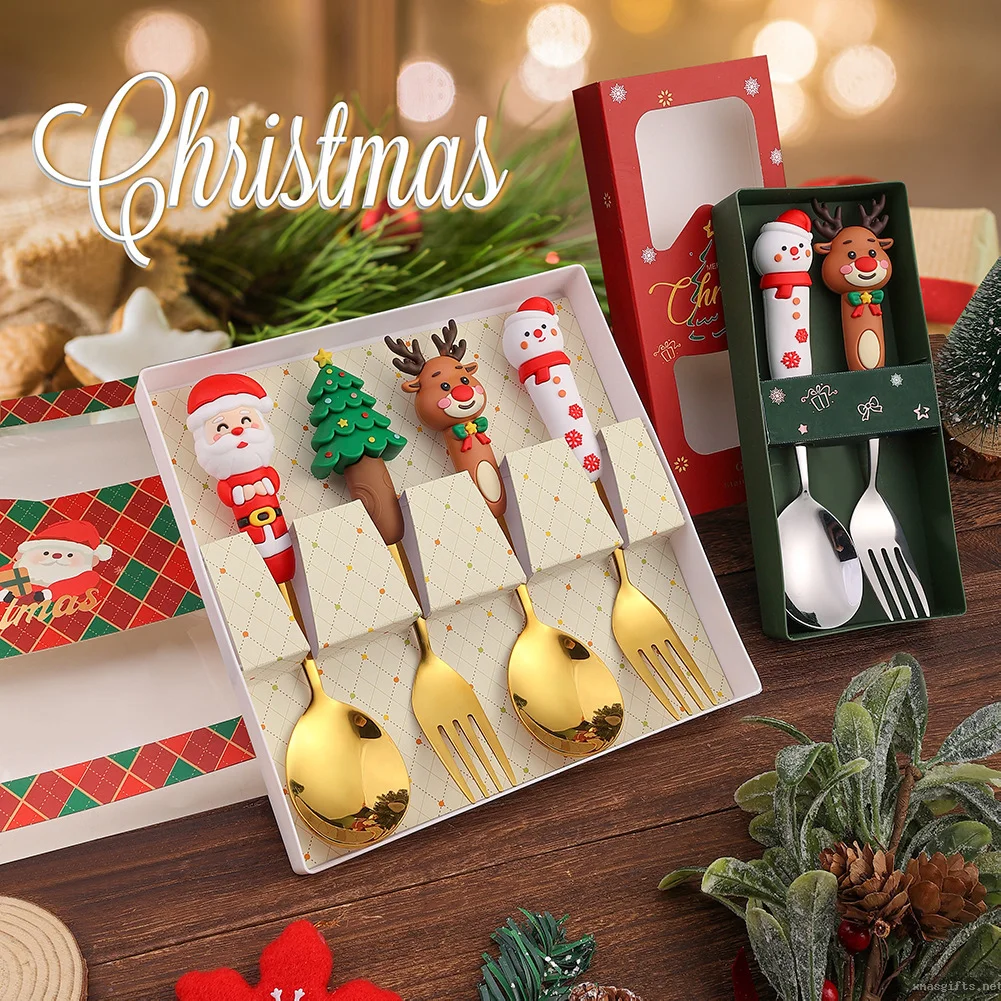 Custom Printing Gift Box Packing Stainless Steel Christmas Cartoon Dessert Spoon Fork Cutlery Gift Set for Xmas Festival Promotion
