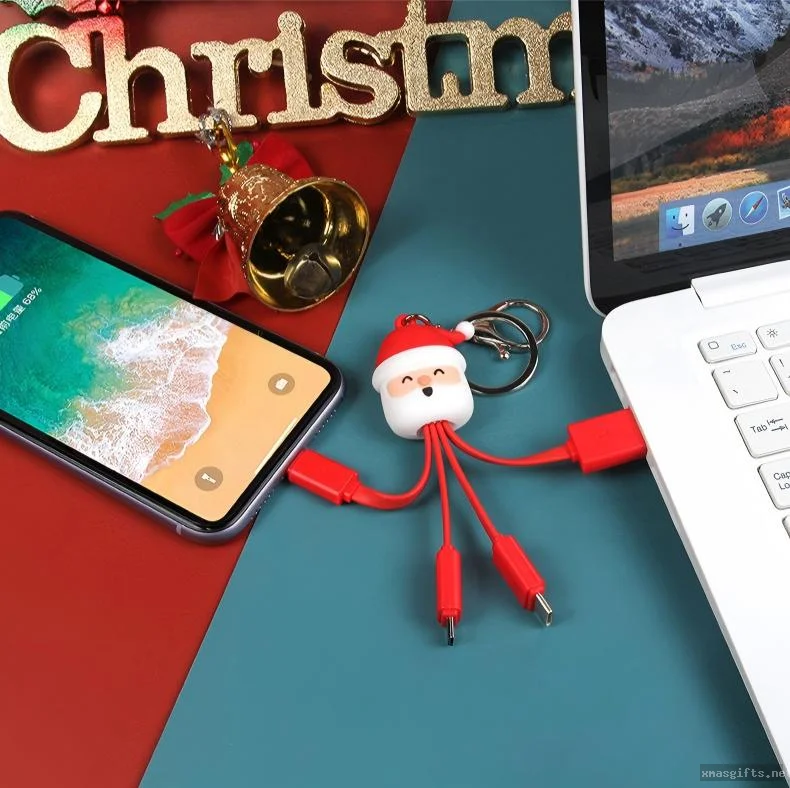 Individuell gestaltbarer Weihnachtsmann-Cartoon 3-in-1 Multi-Schnellladekabel 5V 2,4A – Miniatur-USB-Datenkabel, ideal als Firmengeschenk zum Jahresende in größeren Mengen.