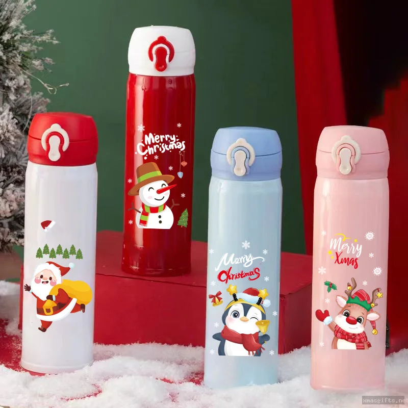 Cute Christmas Cartoon Vacuum Insulated Water Bottle, Pop-Up Lid Thermos for Xmas Festival Gift Wholesale 500ml