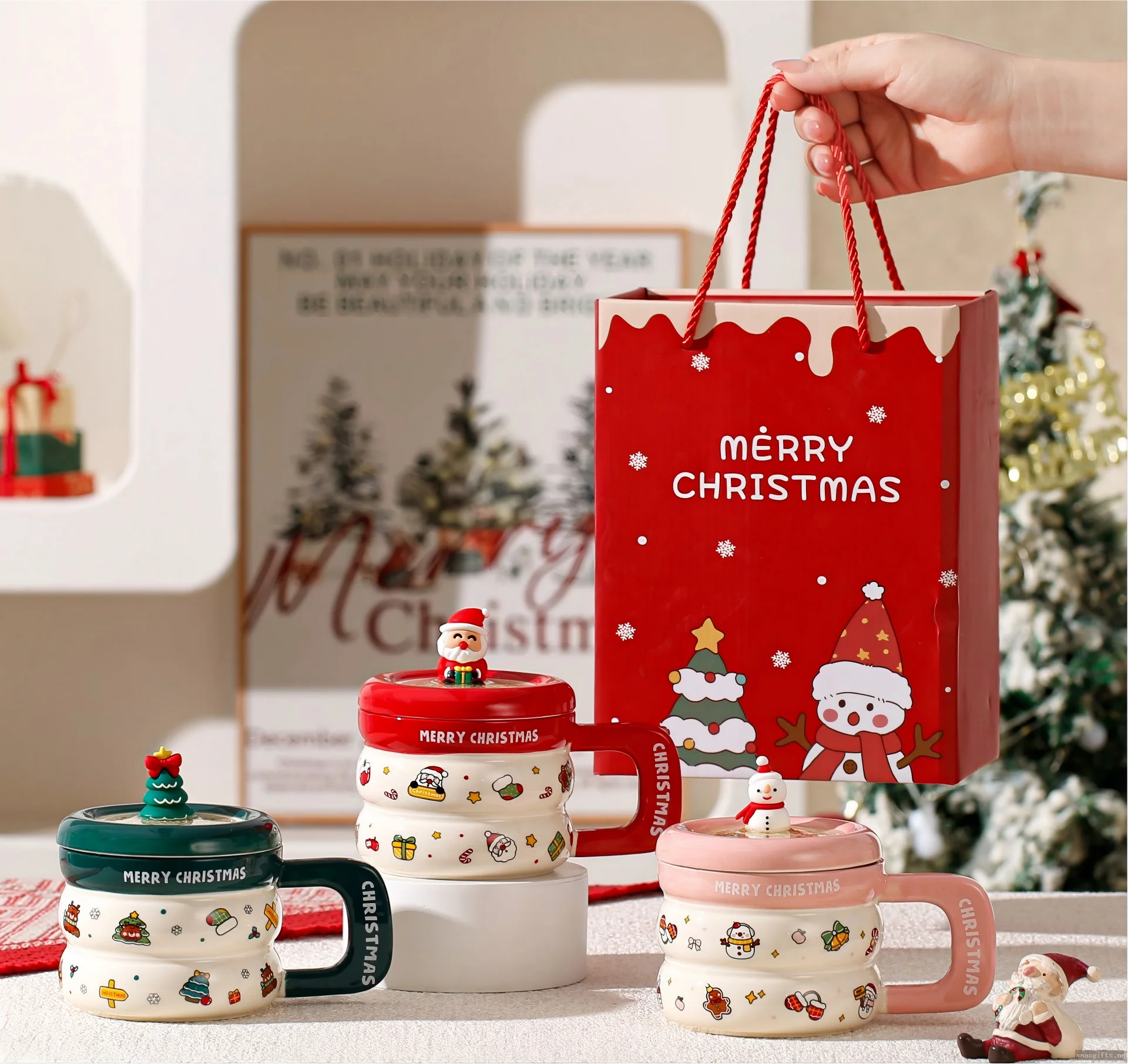 Cute Christmas Stackable Ceramic Mug with Figurine Lid, Gift Box Set Custom Logo Holiday Xmas Present