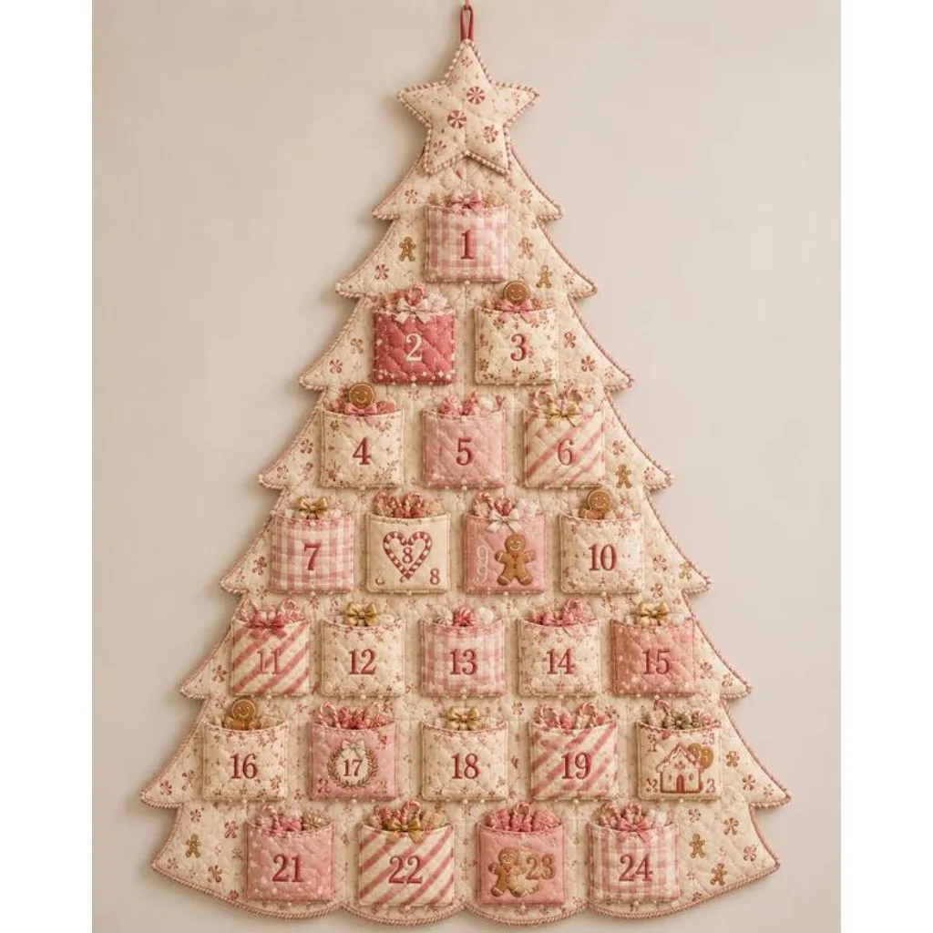 DIY-Adventskalenderbaum mit 24 Taschen aus gestepptem Stoff zum Selberbasteln