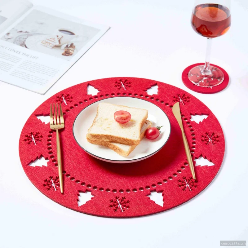 Felt Christmas Round Placemat Coaster 26cm, Hollow Snowflake Tree Cutout Table Mats Wholesale Holiday Decor